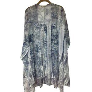 Kimono Lace Floral Blue White Open Front Flattering Sheer